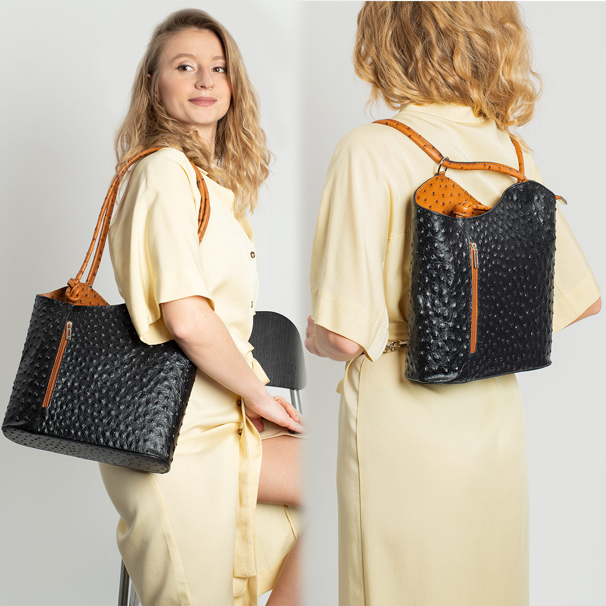 Fioretta Italian Genuine Leather Ostrich Pattern Top Dual Handles Tote Shoulder Bag Backpack Handbag For Women - Black Brown