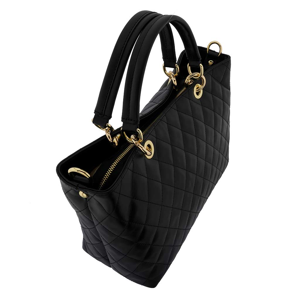 Fioretta Italian Genuine Leather Quilted Carryall Satchel Handbag Crossbody For Women - Black