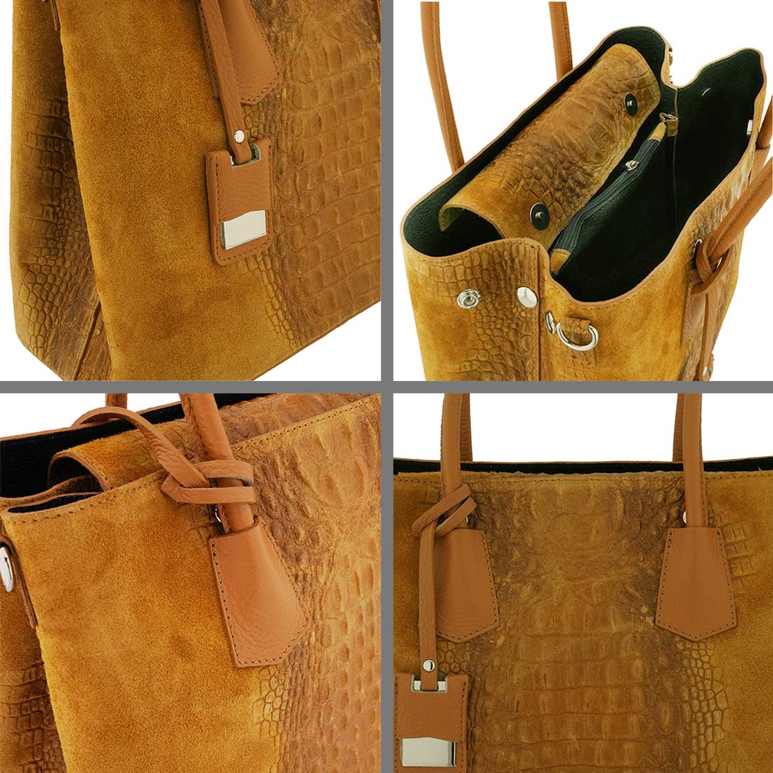 Fioretta Italian Genuine Leather Suede Carryall Top Handle Tote Bag For Women - Camel Brown