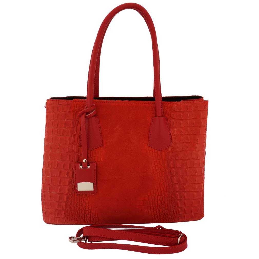 Fioretta Italian Genuine Leather Suede Carryall Top Handle Tote Bag For Women - Red