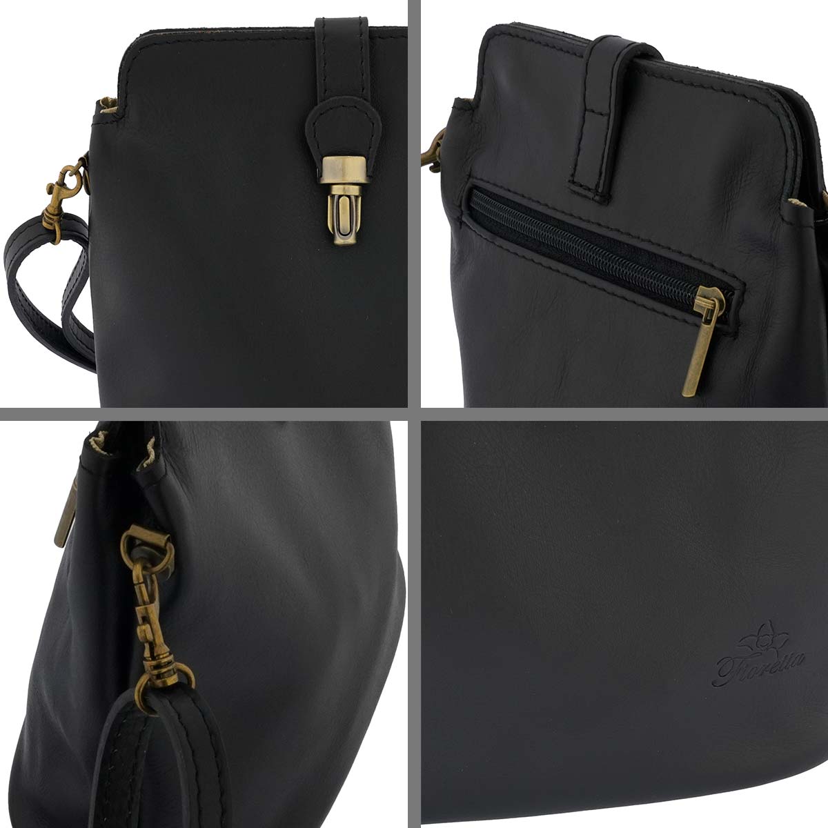 Fioretta Italian Genuine Leather Crossbody Bag Shoulder Bag Purse Snap Closure For Women - Black