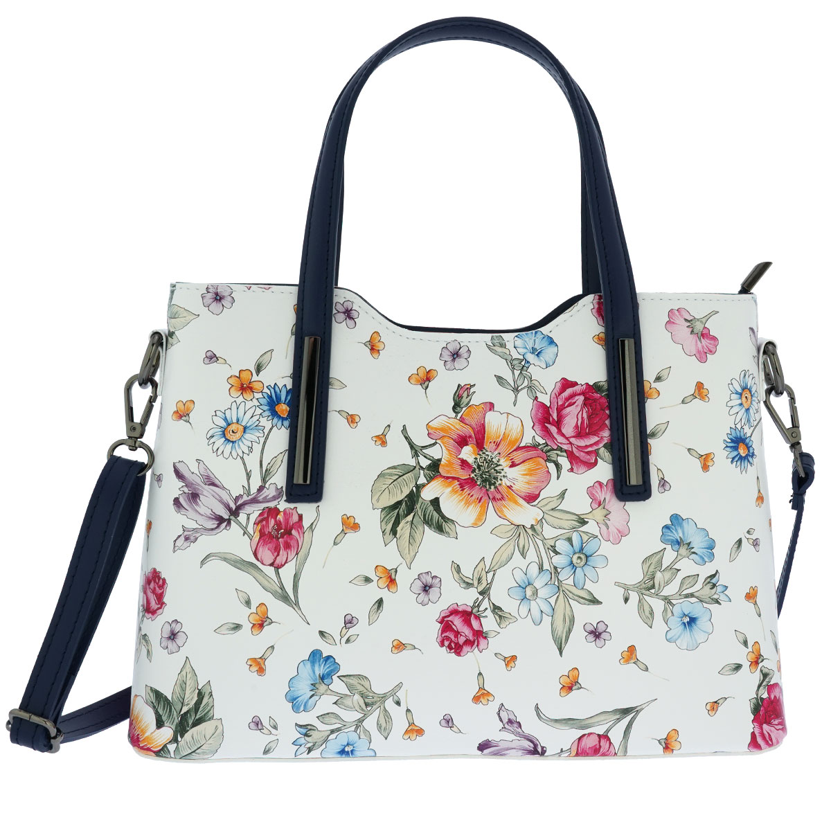 Fioretta Italian Genuine Leather Flower Pattern Top Dual Handles Tote Shoulder Crossbody Handbag For Women - Blue