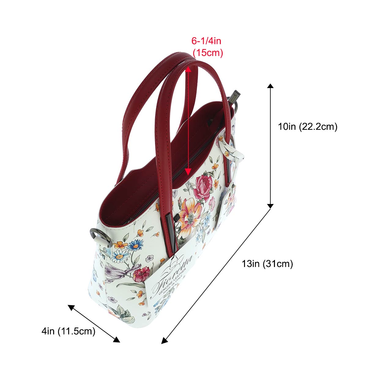 Fioretta Italian Genuine Leather Flower Pattern Top Dual Handles Tote Shoulder Crossbody Handbag For Women - Red