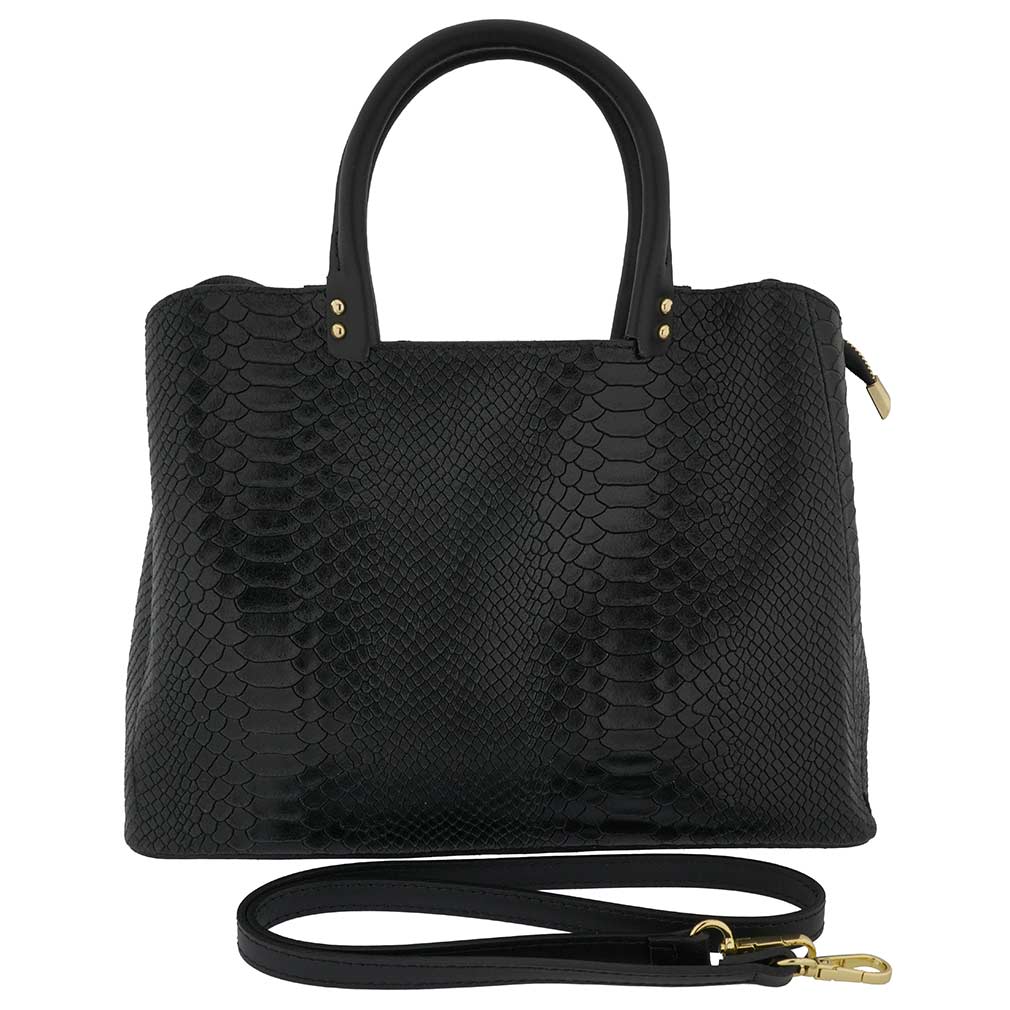 Fioretta Italian Genuine Leather Crocodile Pattern Carryall Satchel Handbag Crossbody For Women - Black