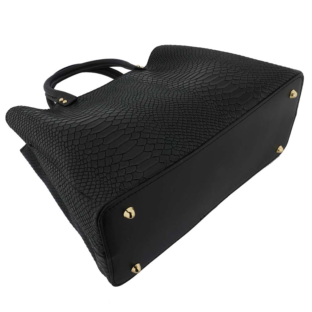 Fioretta Italian Genuine Leather Crocodile Pattern Carryall Satchel Handbag Crossbody For Women - Black