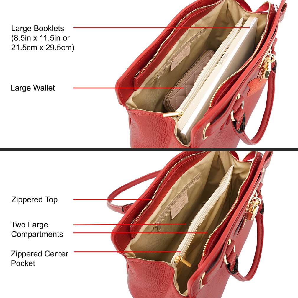 Fioretta Italian Genuine Leather Carryall Satchel Handbag Crossbody For Women - Red
