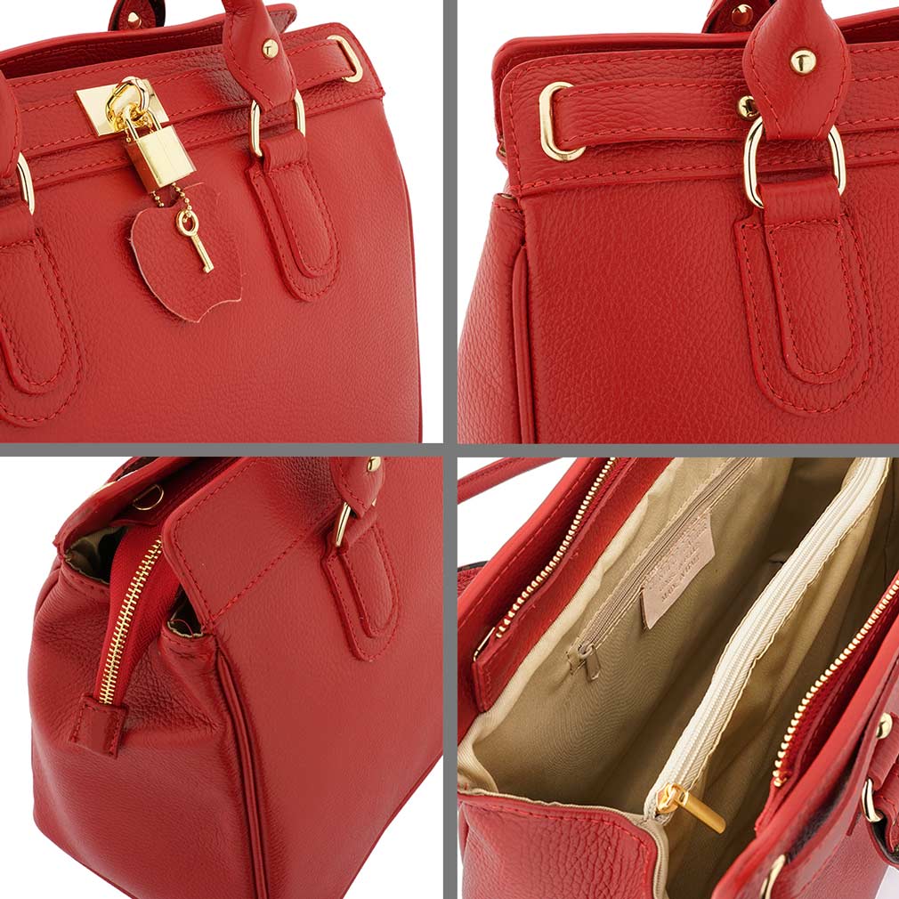 Fioretta Italian Genuine Leather Carryall Satchel Handbag Crossbody For Women - Red
