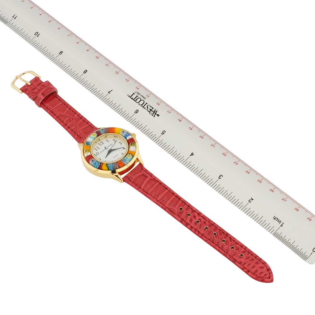 Serena Murano Millefiori Watch With Leather Band - Gold Red