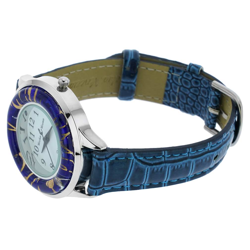 Gold Leaf Murano Glass Watch With Leather Band - Blue