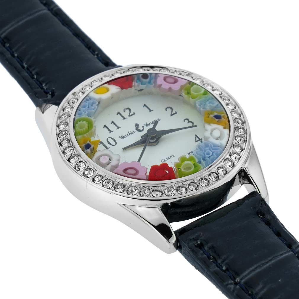 Venetian Crystals Murano Glass Watch With Leather Band - Black