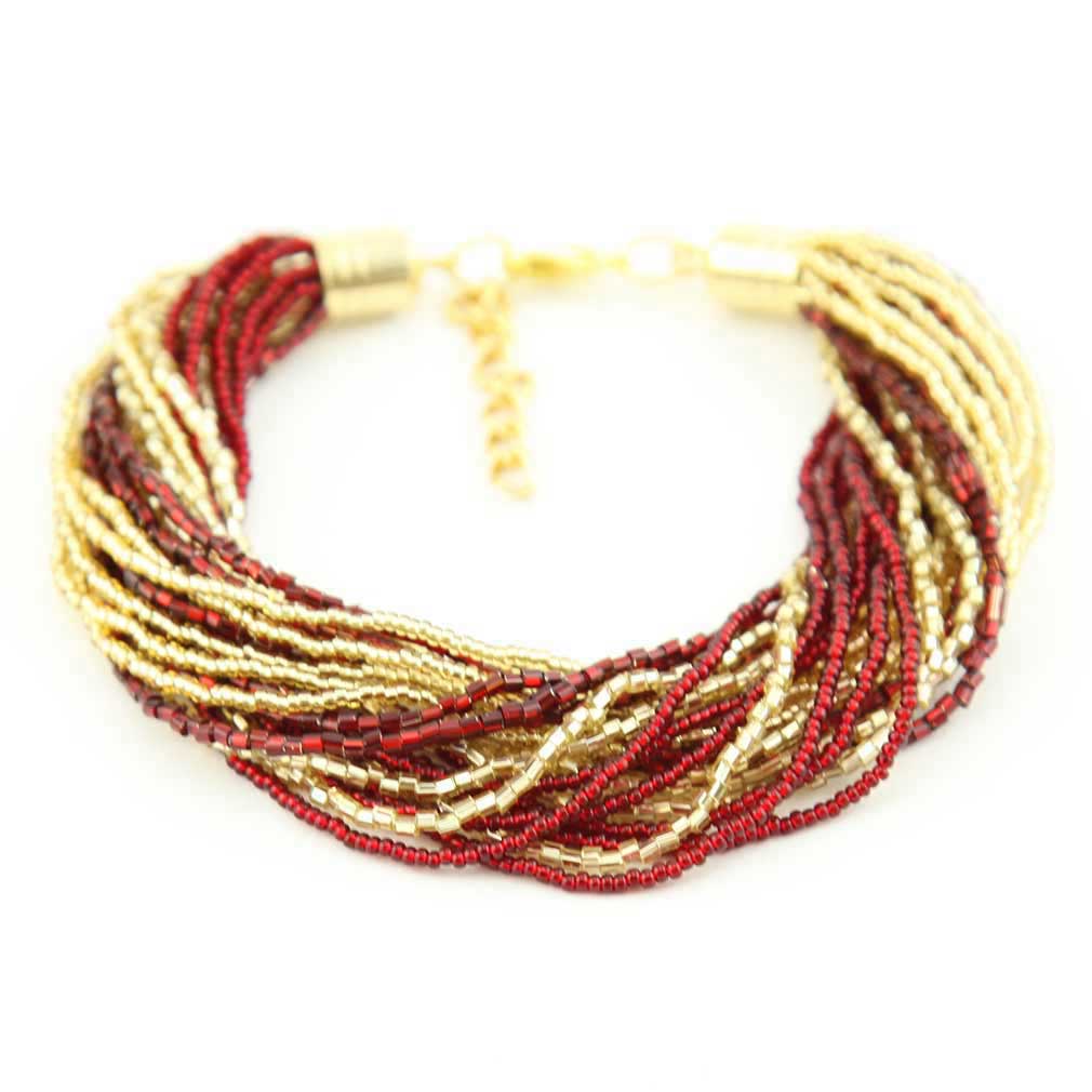 Gloriosa 24 Strand Seed Bead Murano Bracelet - Red and Gold