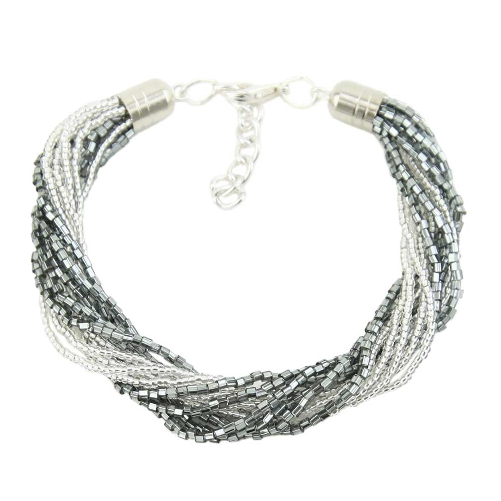 Gloriosa 12 Strand Seed Bead Murano Bracelet - Silver Grey