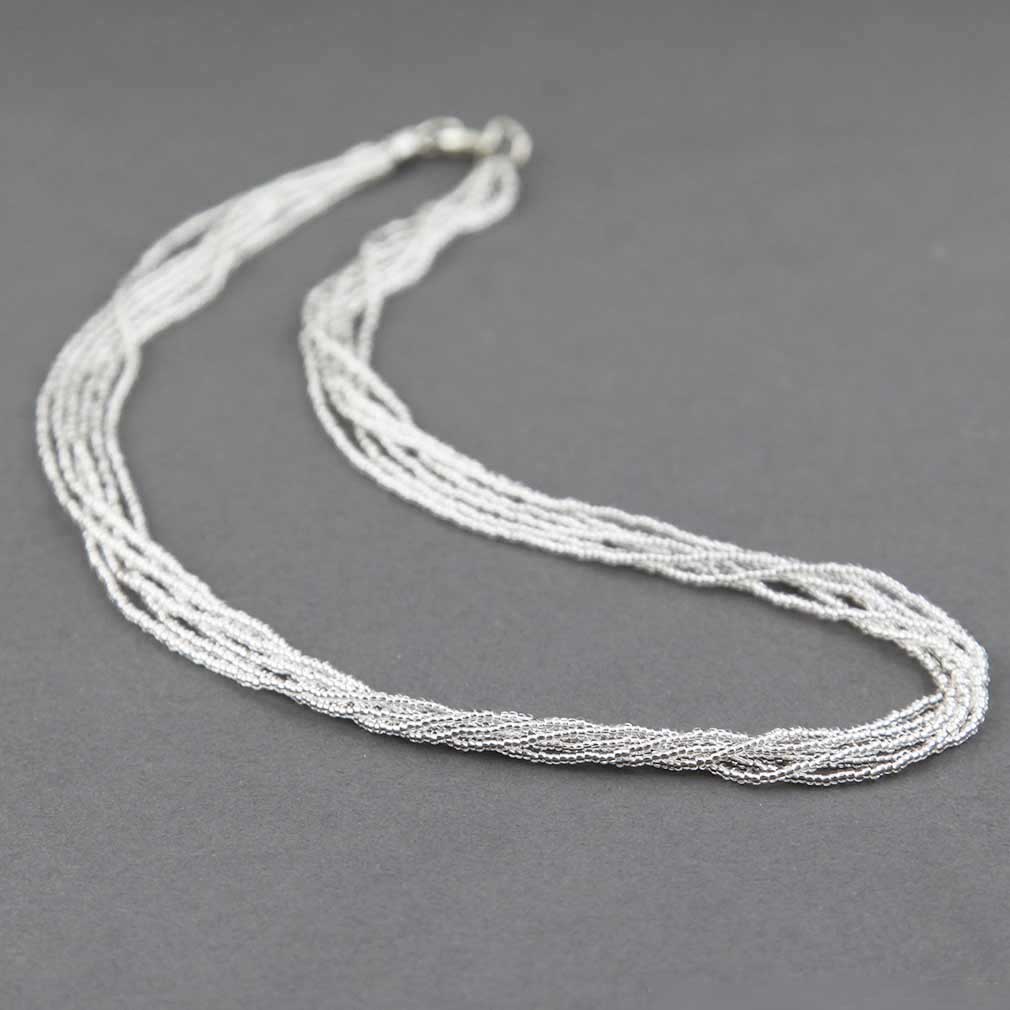 Six Strand Seed Bead Necklace - Silver White