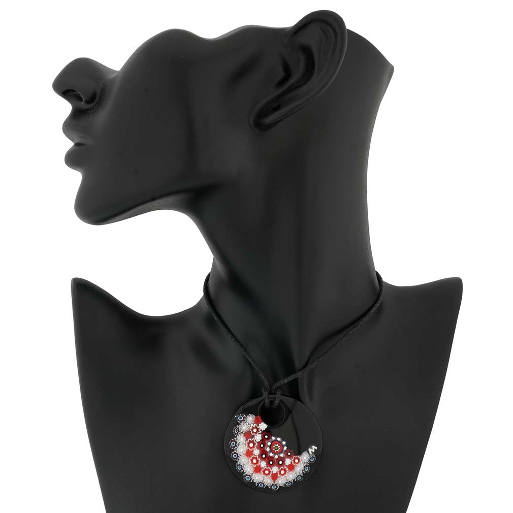 Black and Red Millefiori Murano Glass Pendant - Round
