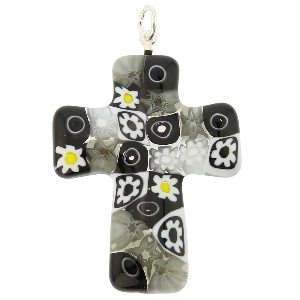 Black and White Murano Millefiori Cross Pendant