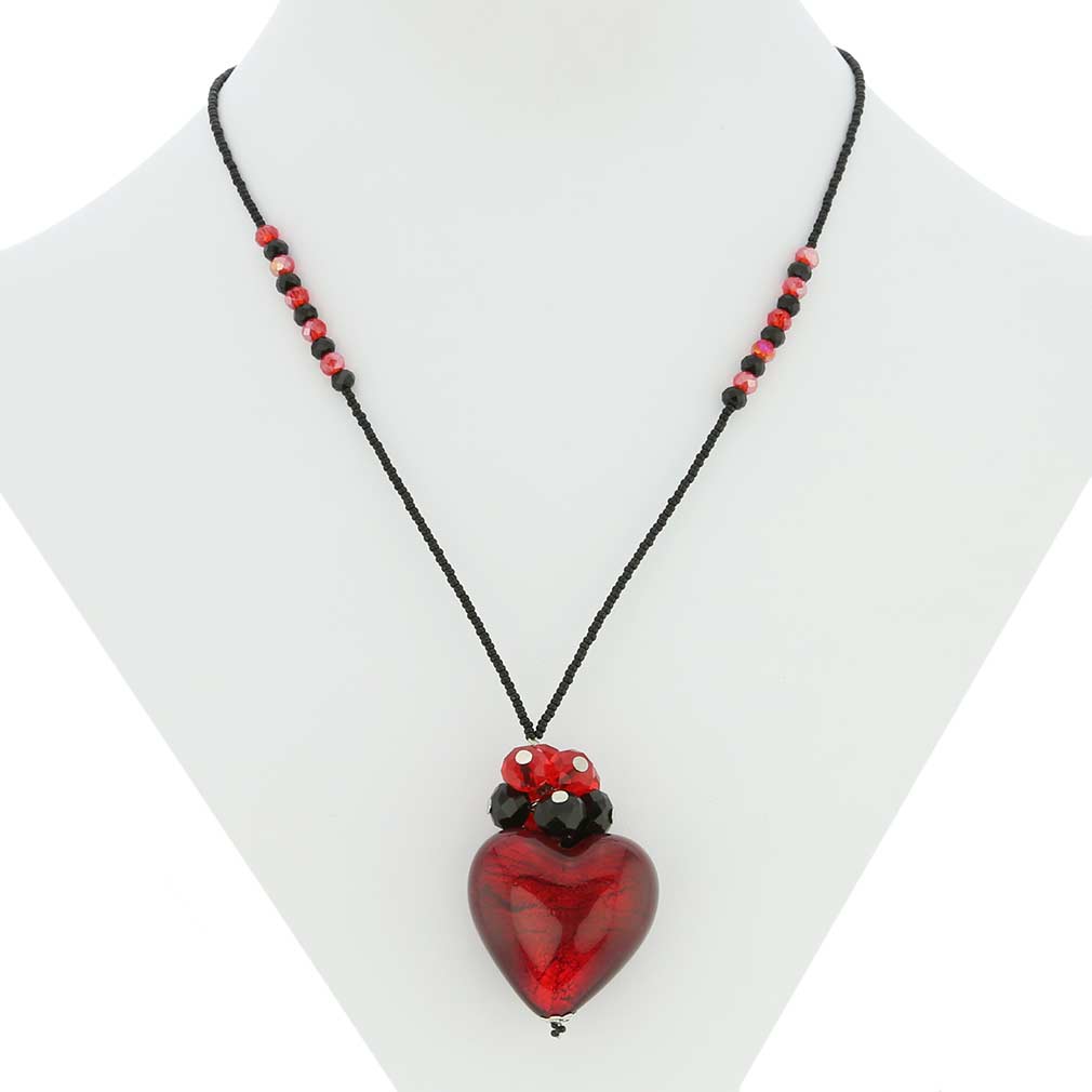 Venetian Love Heart Necklace - Ruby Red and Black