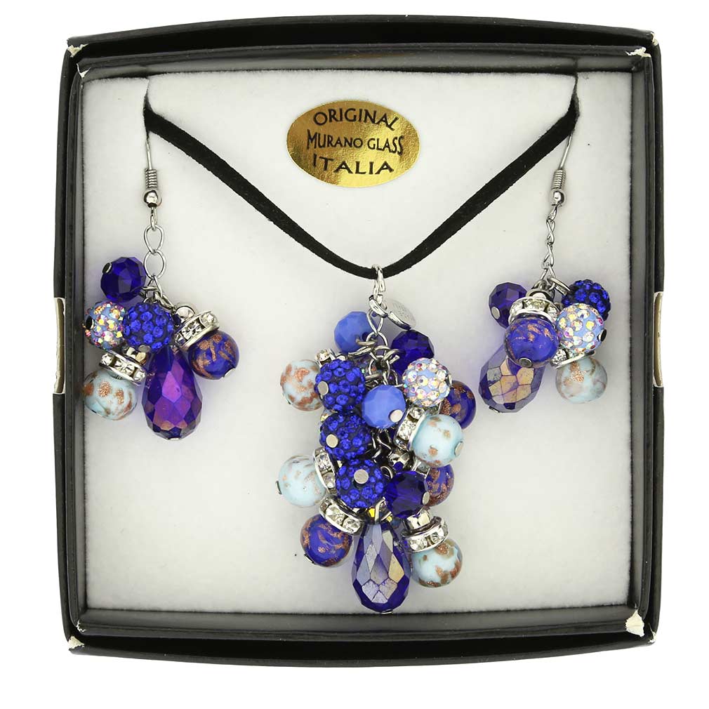 Venetian Charms Murano Necklace and Earrings Set - Blue
