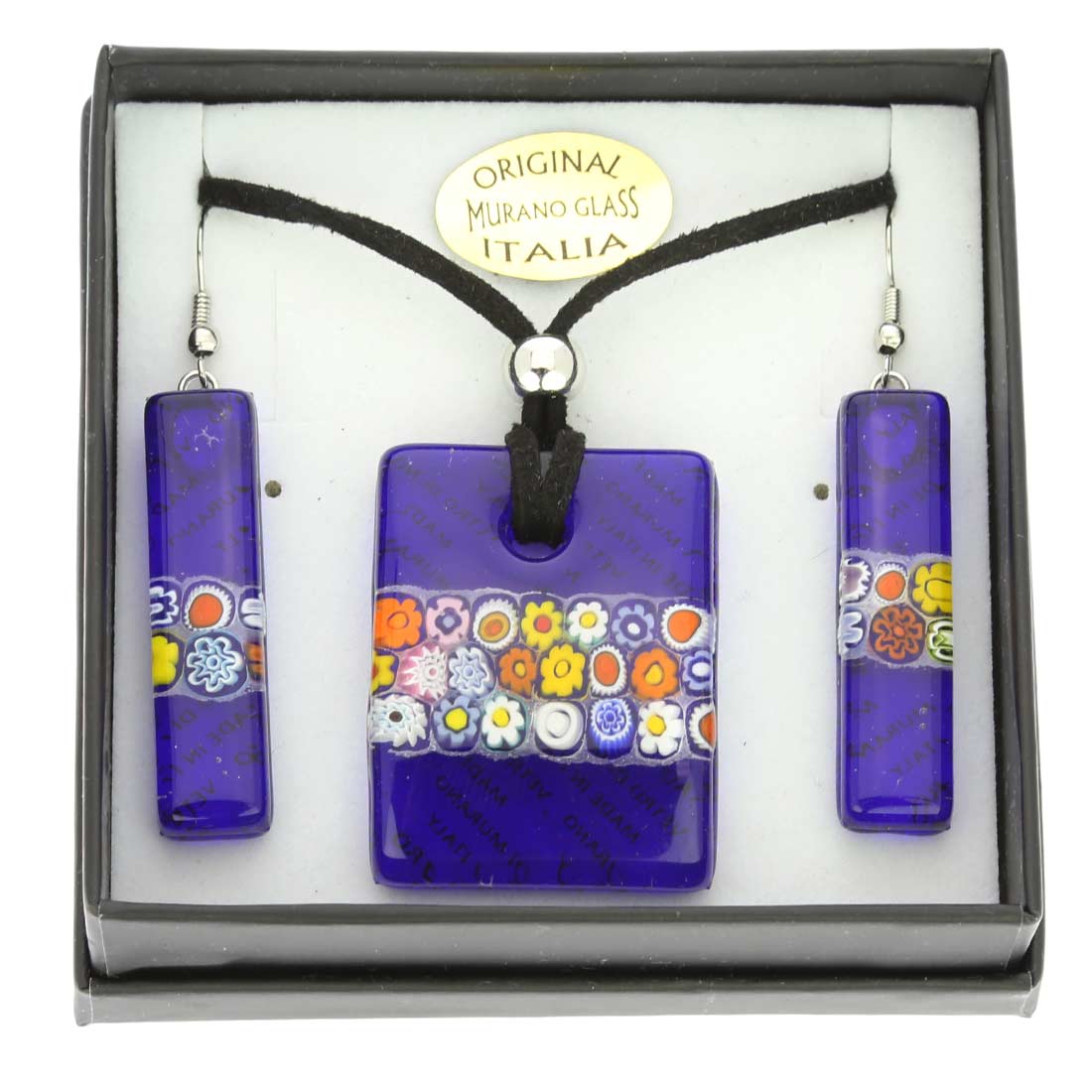 Murano Glass Millefiori Blue Necklace and Earrings Set