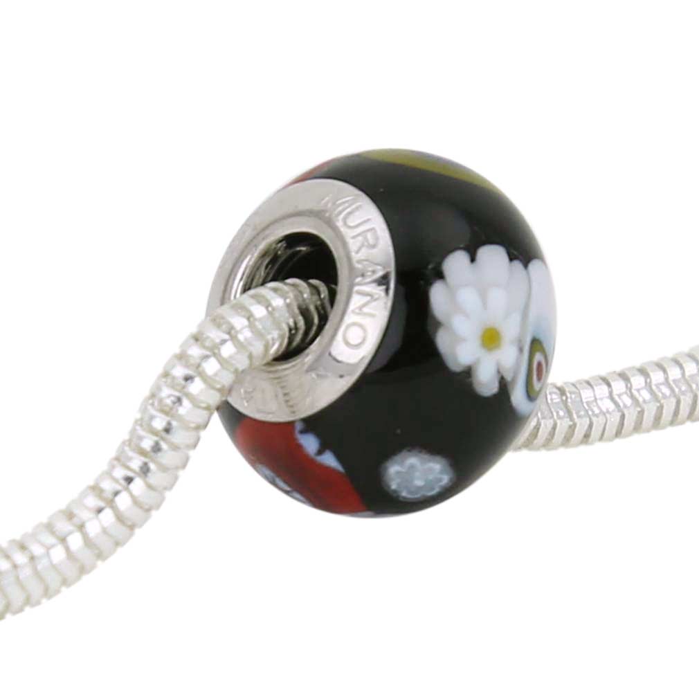 925 Sterling Silver Black Background with Orange and Purple Flowers Glass Charm Bead 