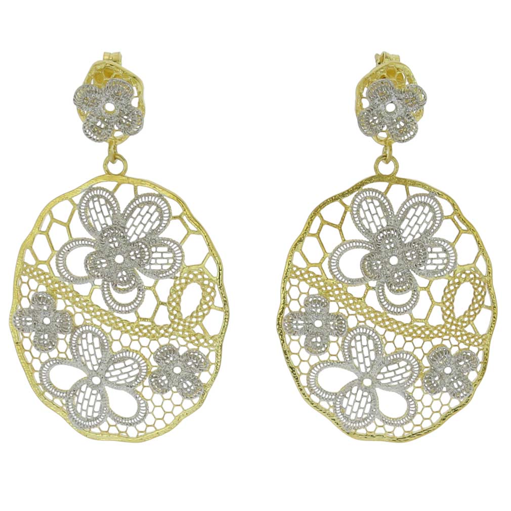 Murano Earrings Italian Floral Lace Sterling Silver Gold Plated