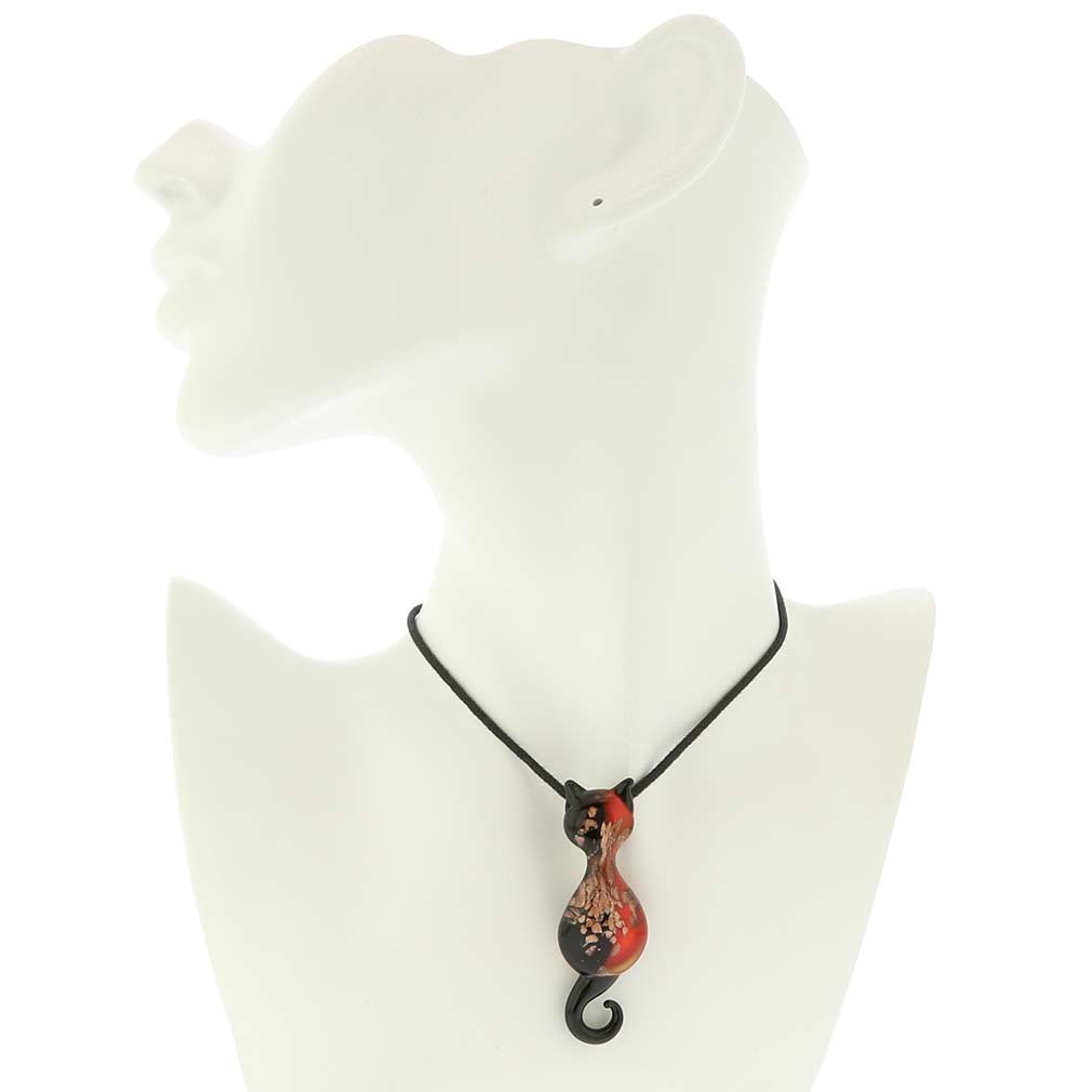Murano Glass Cat Pendant - Black and Red
