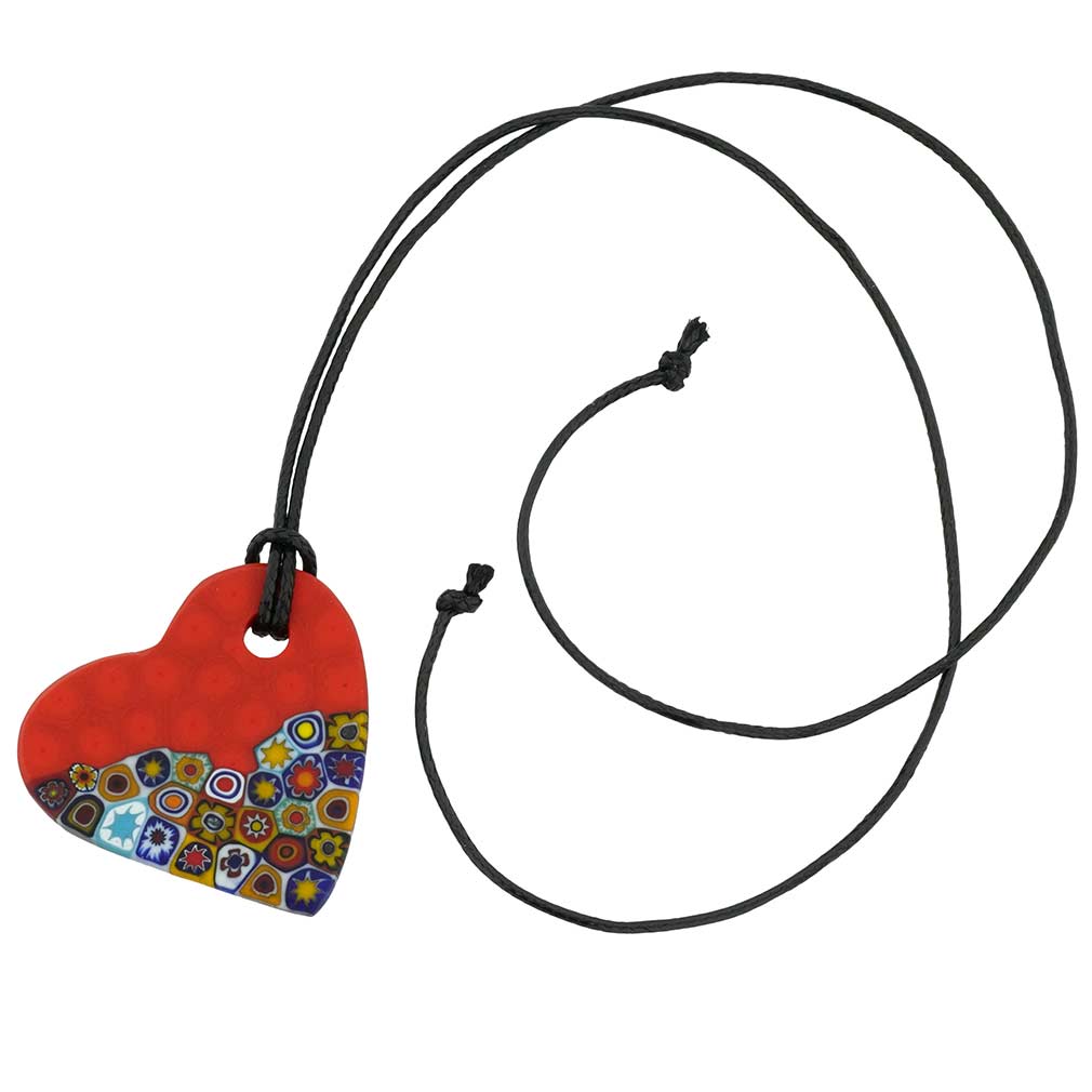 Murano Necklaces | Murano Glass Matte Millefiori Heart Necklace - Mezzo Red