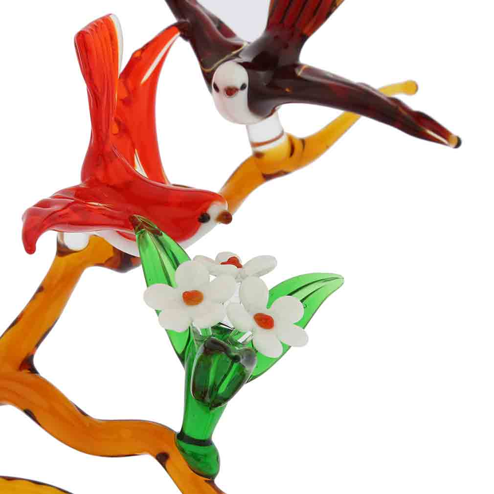 Murano Glass Birds On A Tall Blooming Branch - Red