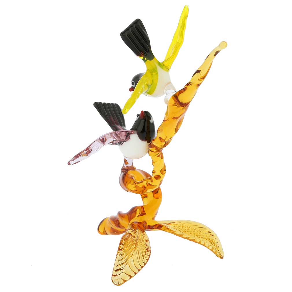 Murano Glass Birds On Golden Brown Branch - Purple and Yellow