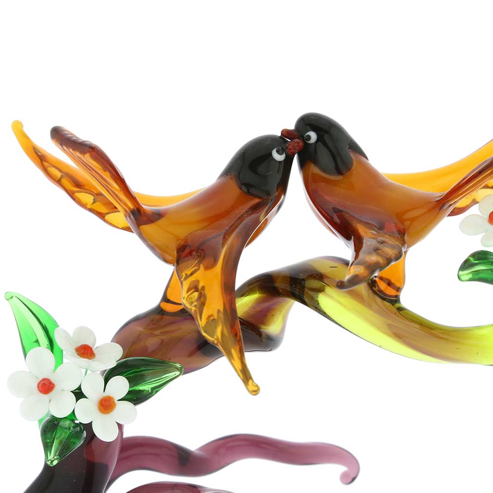 Murano Glass Birds On A Cherry Branch - Golden Brown