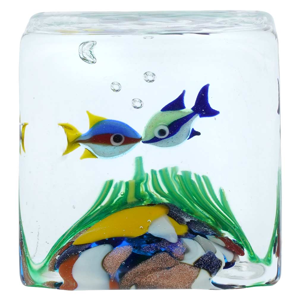 Murano Glass Aquarium Cube With Two Tropical Fish - 1-1/4 inches