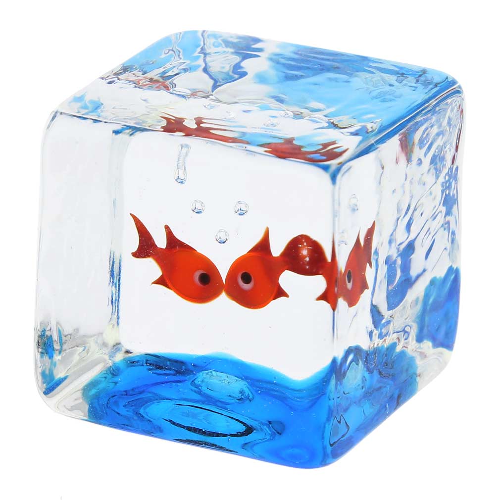 Murano Glass Aquarium Cube With Two Goldfish - 1-1/4 inches