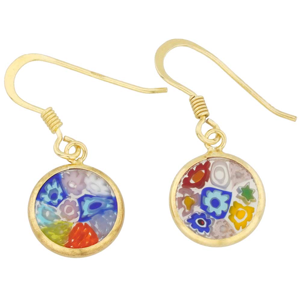 Millefiori Round Dangle Earrings \"Multicolor\" Small - Gold