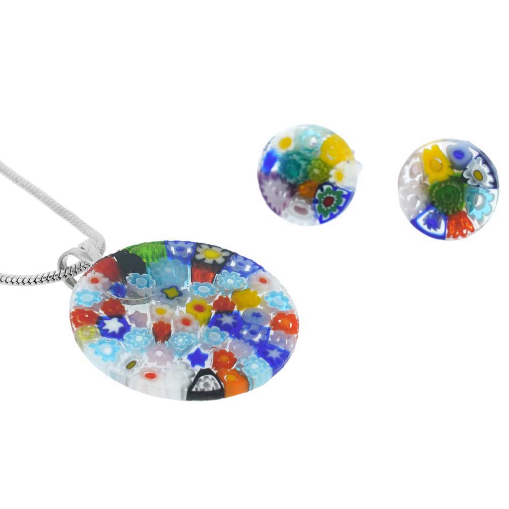 Murano Glass Millefiori Necklace and Earrings Set - Round Multicolor