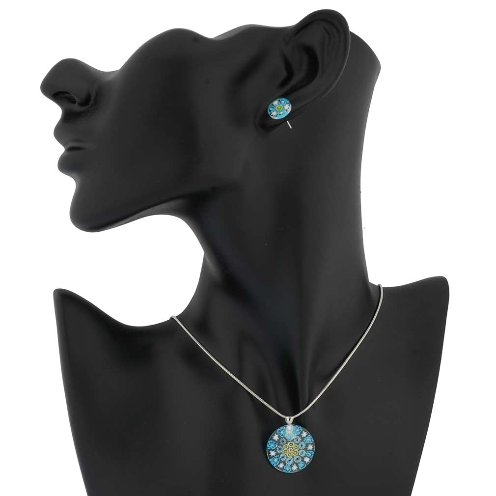 Murano Glass Millefiori Necklace and Earrings Set - Round Blue