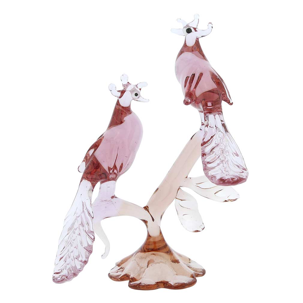 Murano Glass Peacocks On a Branch - Pink