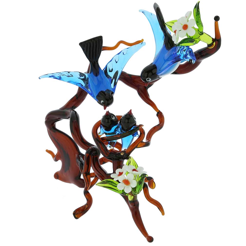 Murano Glass Birds on a Branch with Nest - Blue