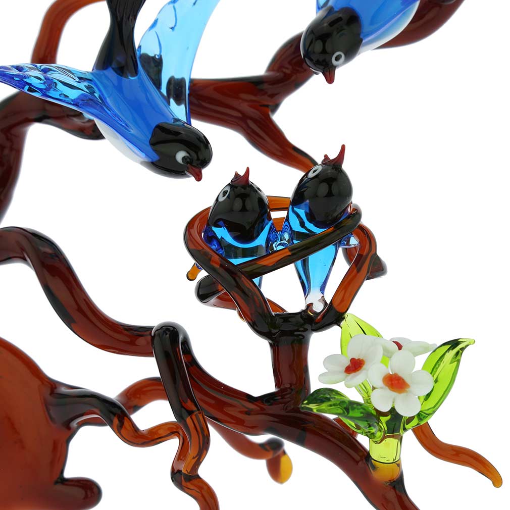 Murano Glass Birds on a Branch with Nest - Blue