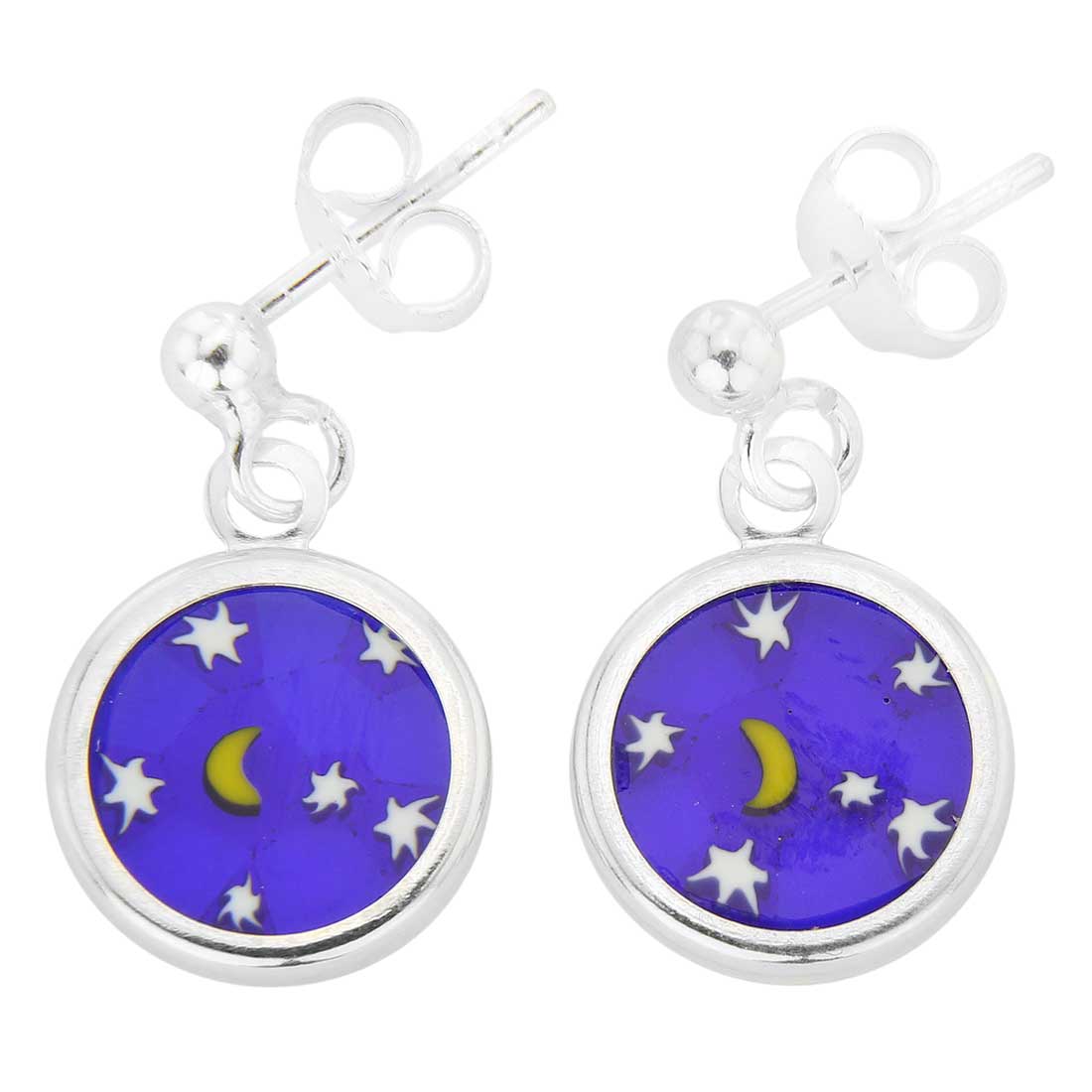 Silver-Framed Millefiori Earrings \"Moon and Stars\"
