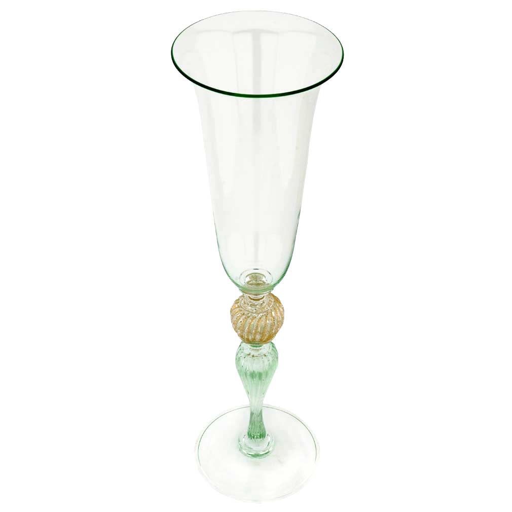 Vintage Murano Glass Cenedese Champagne Flute Wine Glass Goblet - Gold and Aqua Green