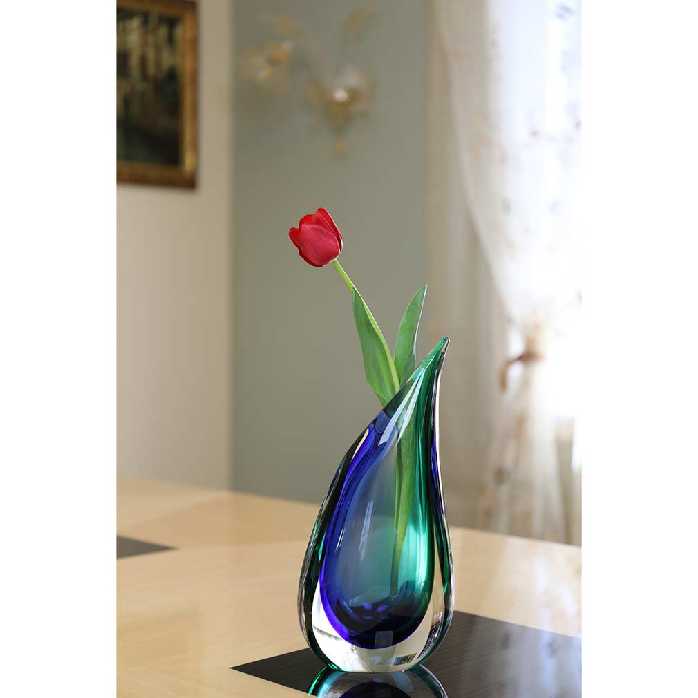 Murano Glass Sommerso Wave Vase - Green Blue