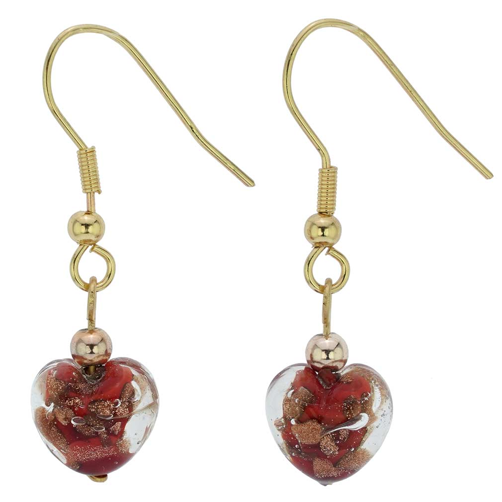 Small Murano Heart Earrings - Red Sparkles