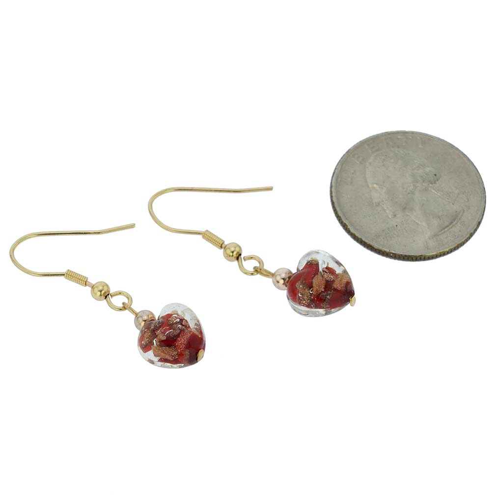 Small Murano Heart Earrings - Red Sparkles