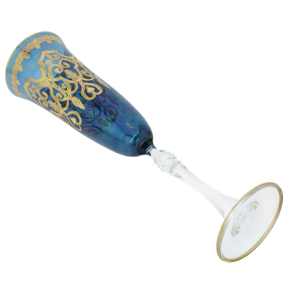 Set of Two Murano Glass Champagne Flutes 24K Gold Leaf - Blue