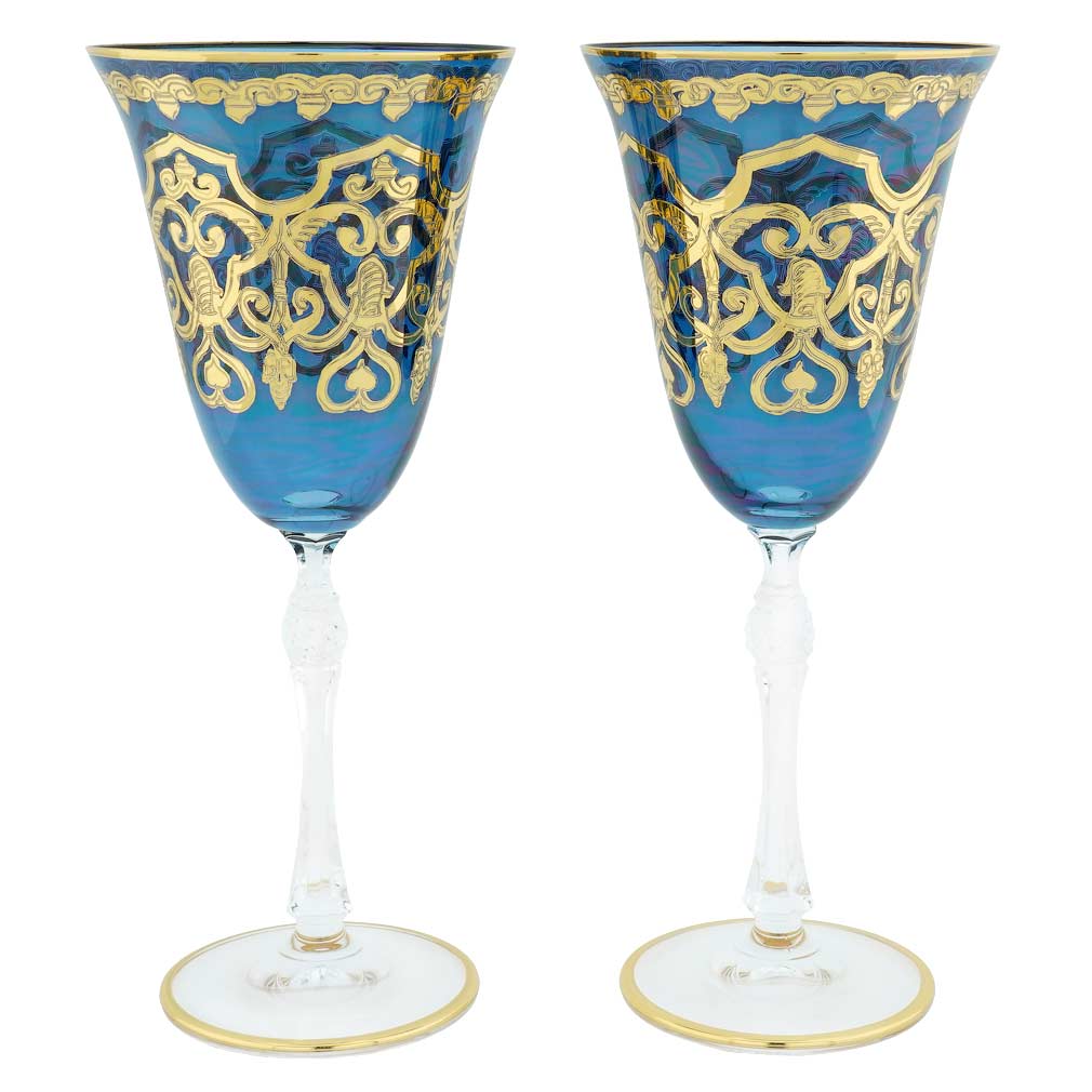 Set of Two Murano Glass Champagne Flutes 24K Gold Leaf - Blue