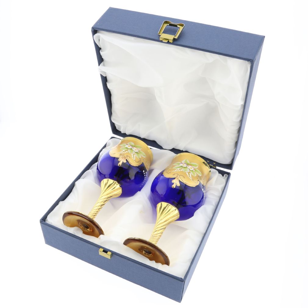 Set Of Two Murano Glass Wine Glasses 24K Gold Leaf - Blue