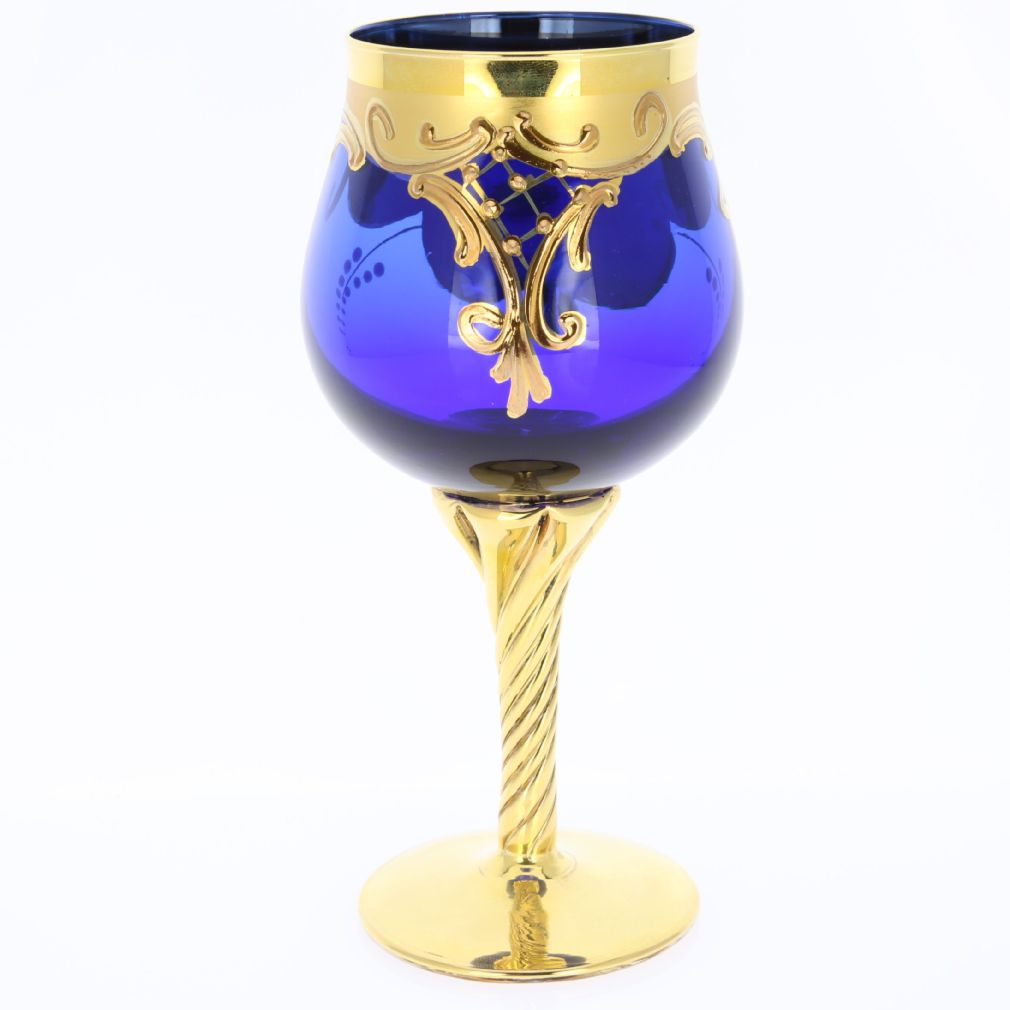 Set Of Two Murano Glass Wine Glasses 24K Gold Leaf - Blue