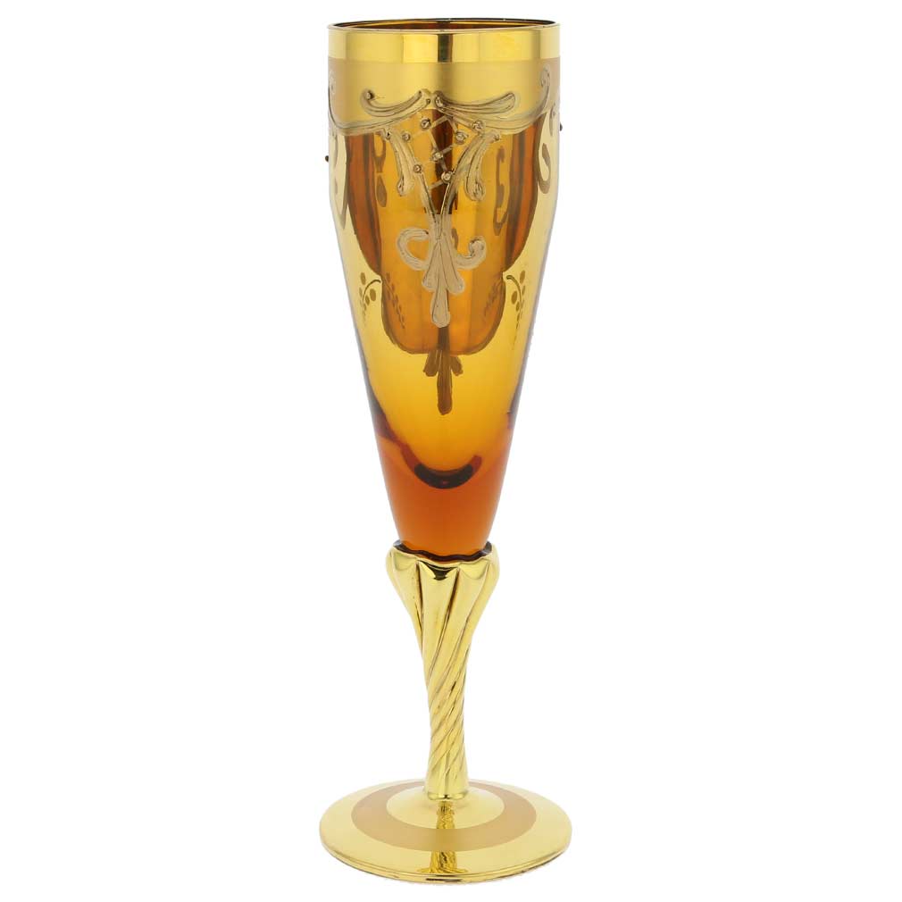 Set Of Two Figaro Murano Glass Champagne Flutes 24K Gold Leaf- Golden Brown