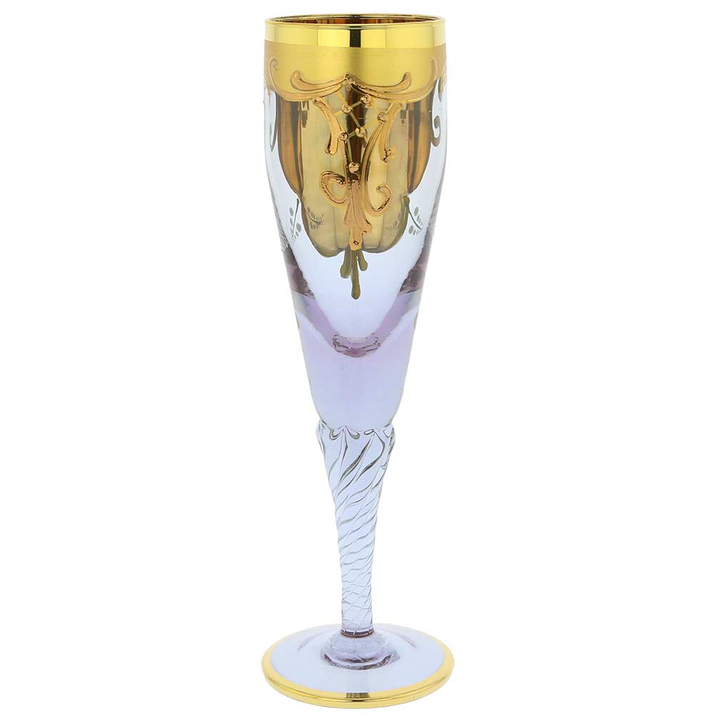 Set Of Two Murano Glass Champagne Flutes 24K Gold Leaf - Lavende