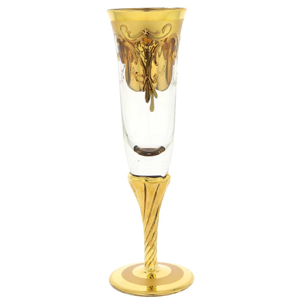 Set Of Two Murano Glass Champagne Flutes 24K Gold Leaf - Transpa