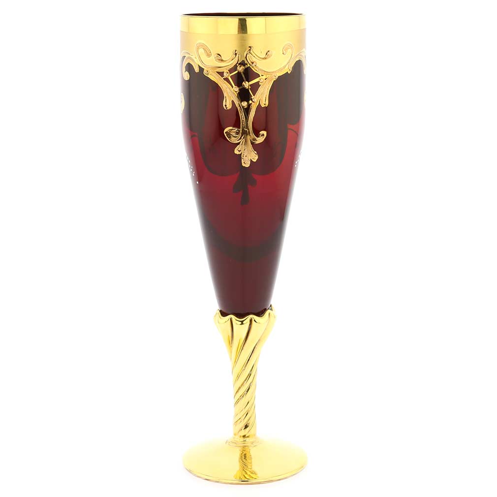 Set Of Two Murano Glass Champagne Flutes 24K Gold Leaf- Red